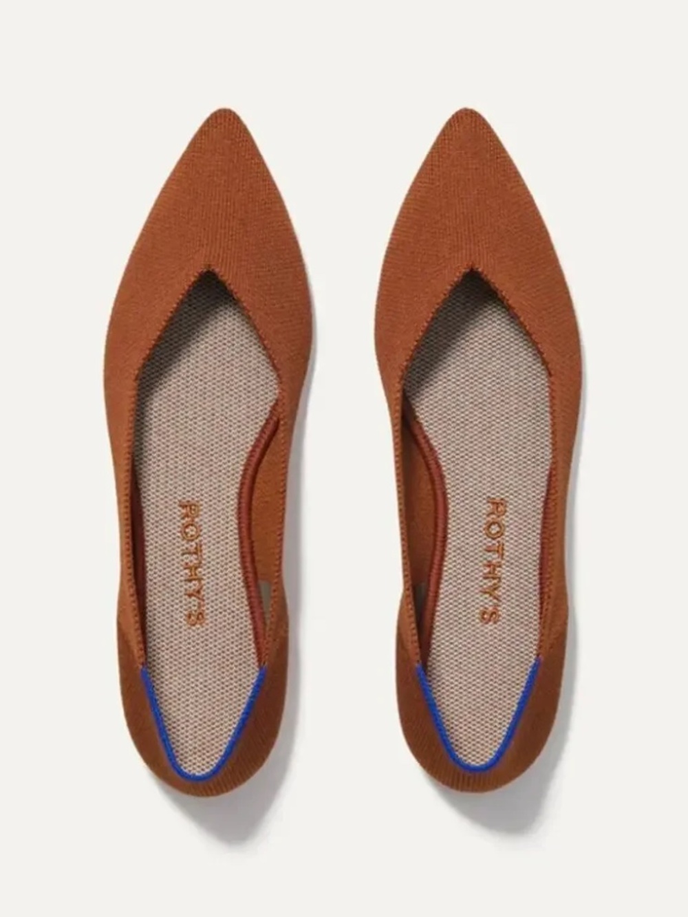 Rothy's Pointed Knit Flats in Tan with Blue Trim
